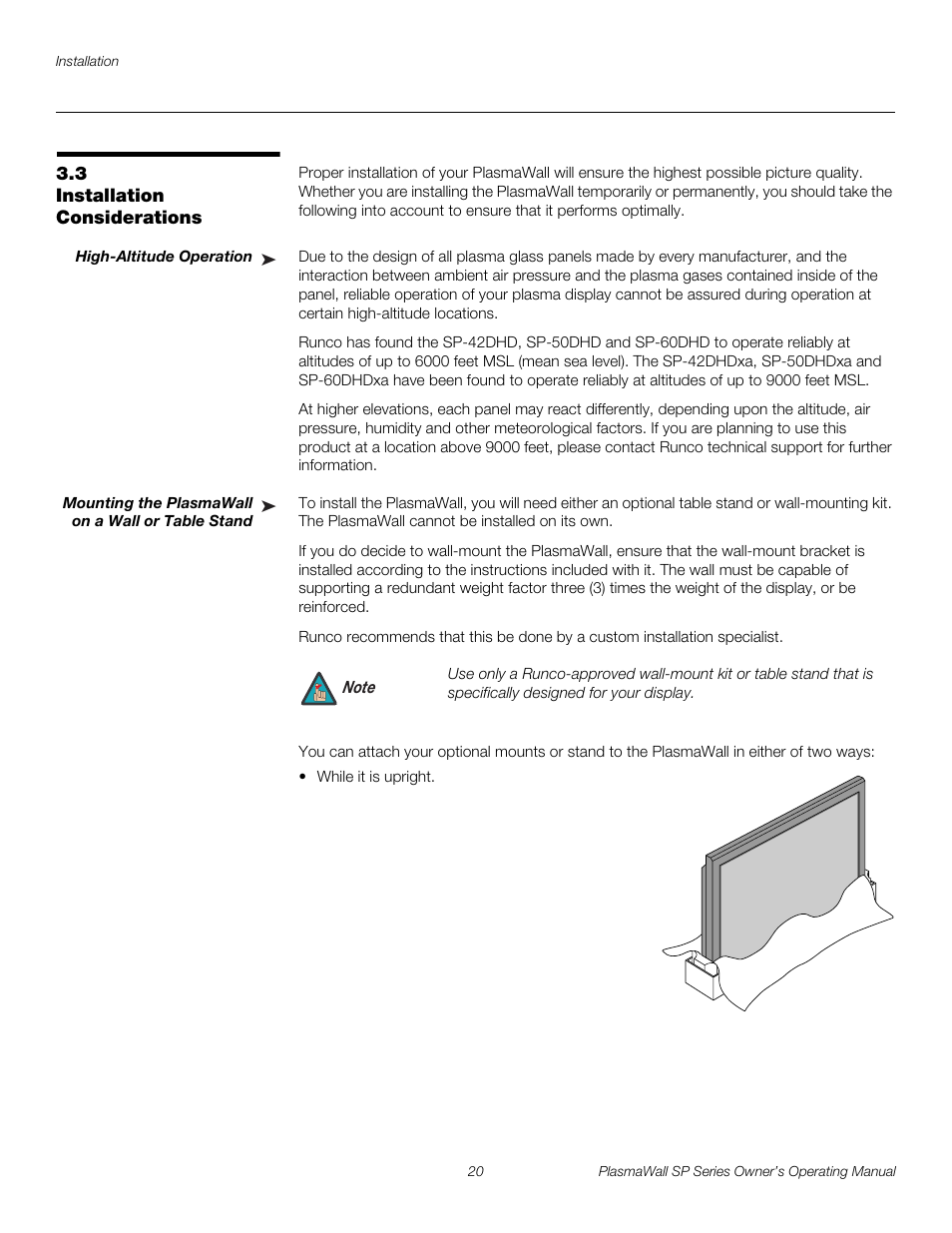 3 installation considerations, High-altitude operation, Mounting the plasmawall on a wall or table stand | Installation considerations, Pre l iminar y | Runco PLASMAWALL SP-60DHD / SP-60DHDXA User Manual | Page 30 / 82