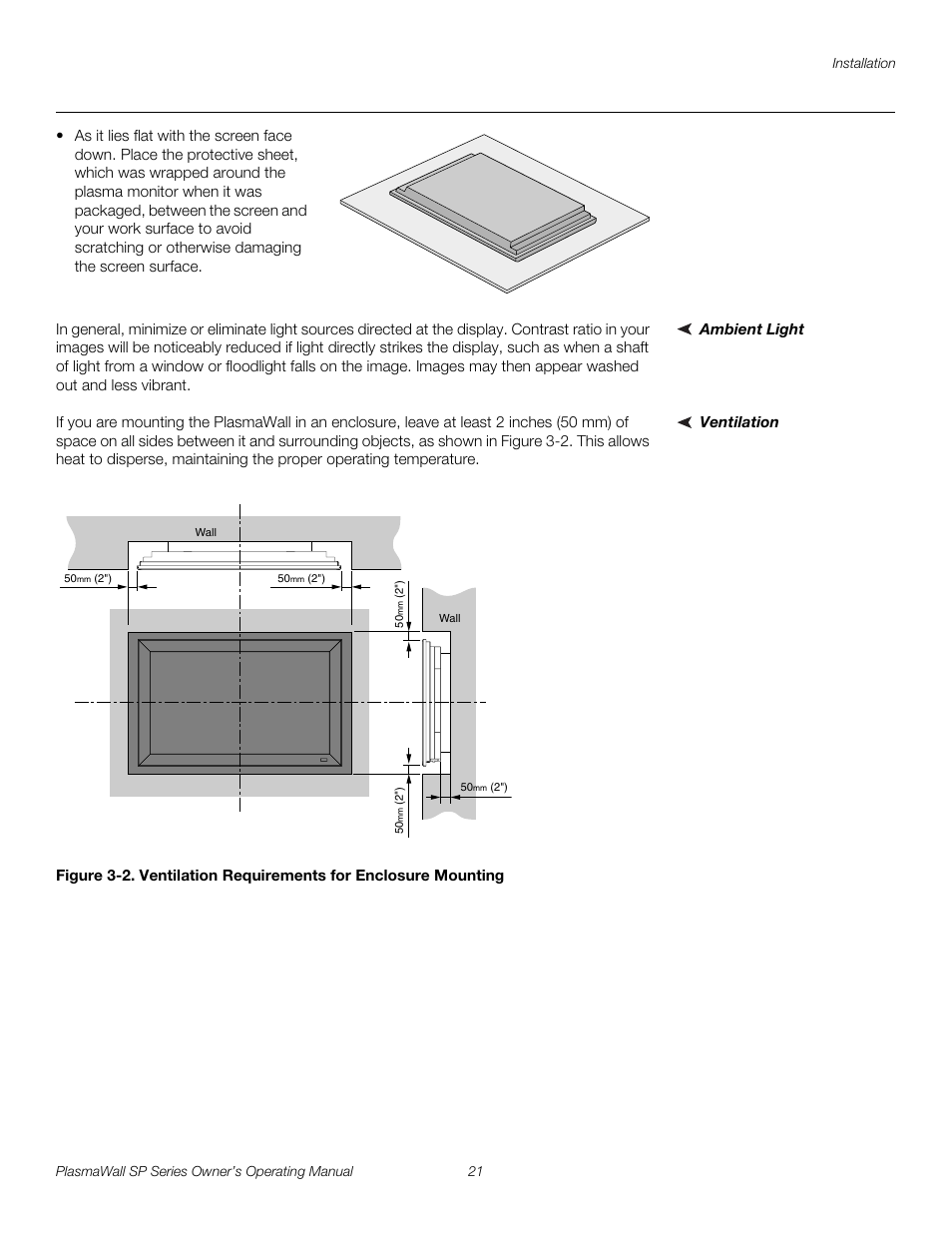 Ambient light, Ventilation, 2. ventilation requirements for enclosure mounting | Pre l iminar y | Runco PLASMAWALL SP-60DHD / SP-60DHDXA User Manual | Page 31 / 82