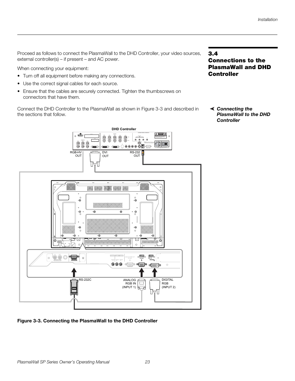 4 connections to the plasmawall and dhd controller, Connecting the plasmawall to the dhd controller, Connections to the plasmawall and dhd controller | 3. connecting the plasmawall to the dhd controller, Pre l iminar y | Runco PLASMAWALL SP-60DHD / SP-60DHDXA User Manual | Page 33 / 82