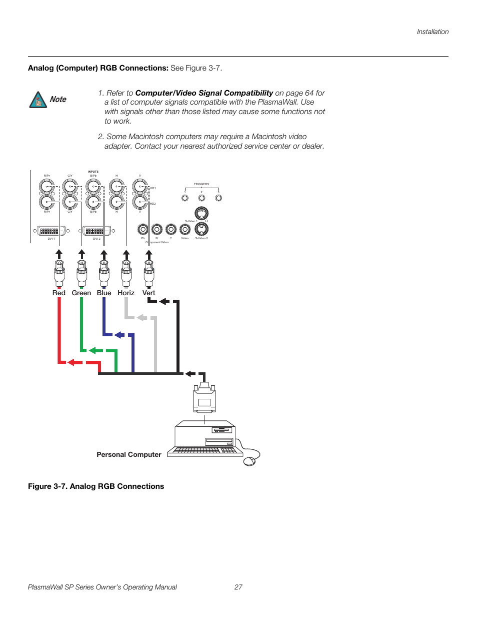 Analog (computer) rgb connections, Figure 3-7 . analog rgb connections, Iminar | 7. analog rgb connections, Pre l iminar y | Runco PLASMAWALL SP-60DHD / SP-60DHDXA User Manual | Page 37 / 82