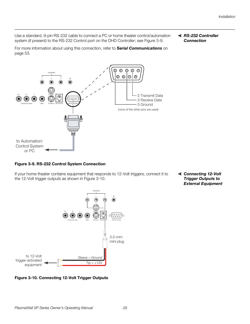 Rs-232 controller connection, Figure 3-9 . rs-232 control system connection, Figure 3-10 . connecting 12-volt trigger outputs | 9. rs-232 control system connection, 10. connecting 12-volt trigger outputs, Pre l iminar y | Runco PLASMAWALL SP-60DHD / SP-60DHDXA User Manual | Page 39 / 82