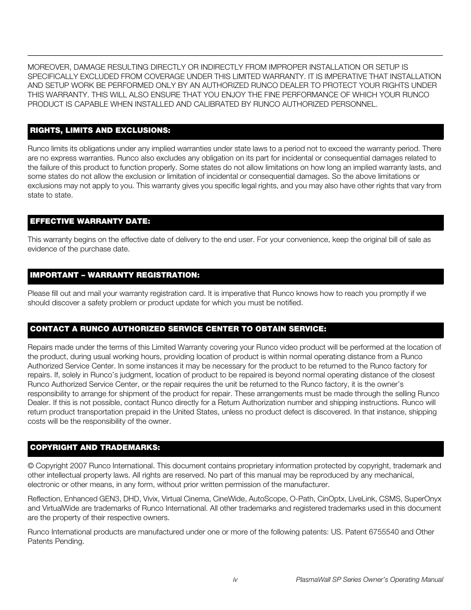 Pre l iminar y | Runco PLASMAWALL SP-60DHD / SP-60DHDXA User Manual | Page 4 / 82