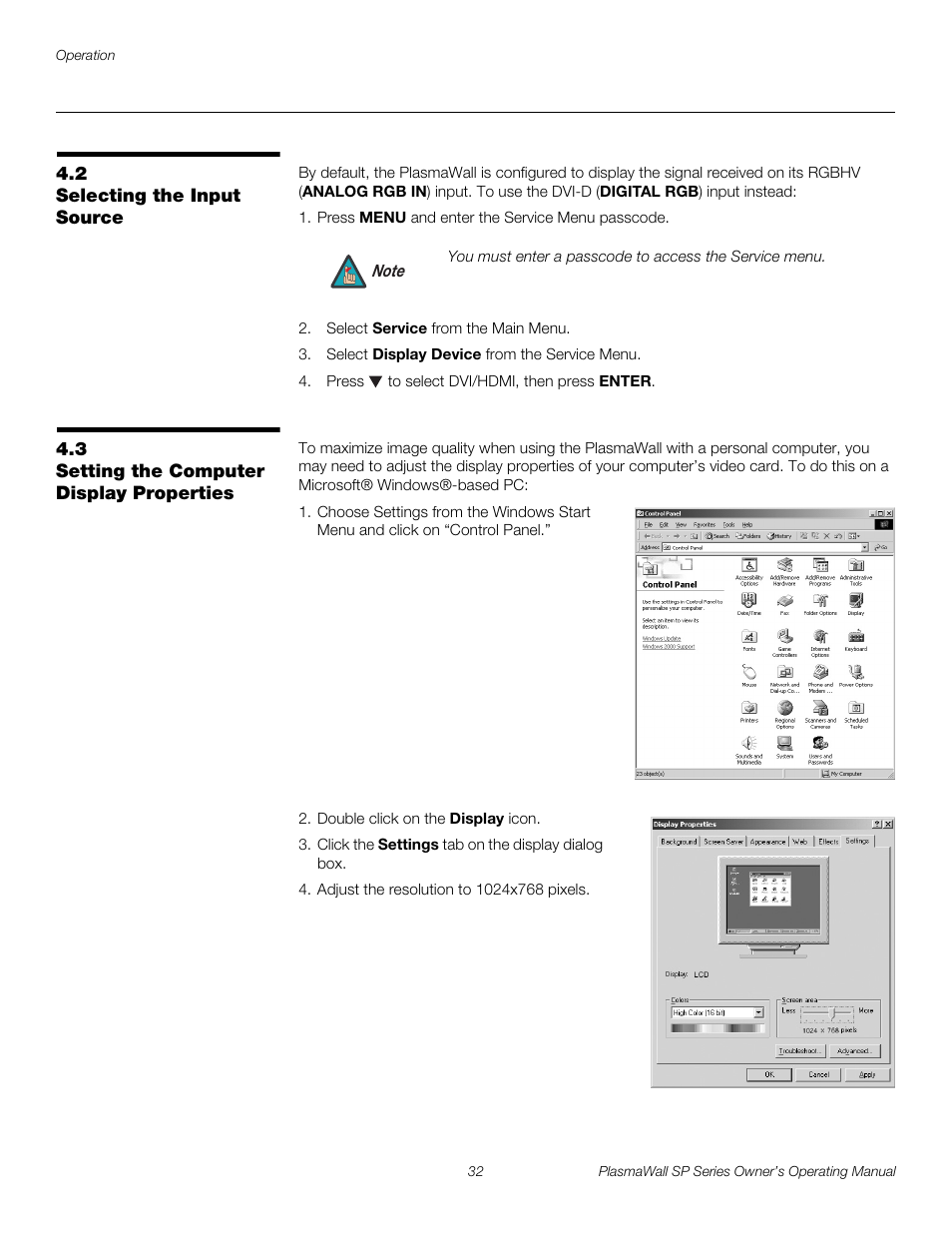 2 selecting the input source, 3 setting the computer display properties, Selecting the input source | Setting the computer display properties, Iminar, Pre l iminar y | Runco PLASMAWALL SP-60DHD / SP-60DHDXA User Manual | Page 42 / 82