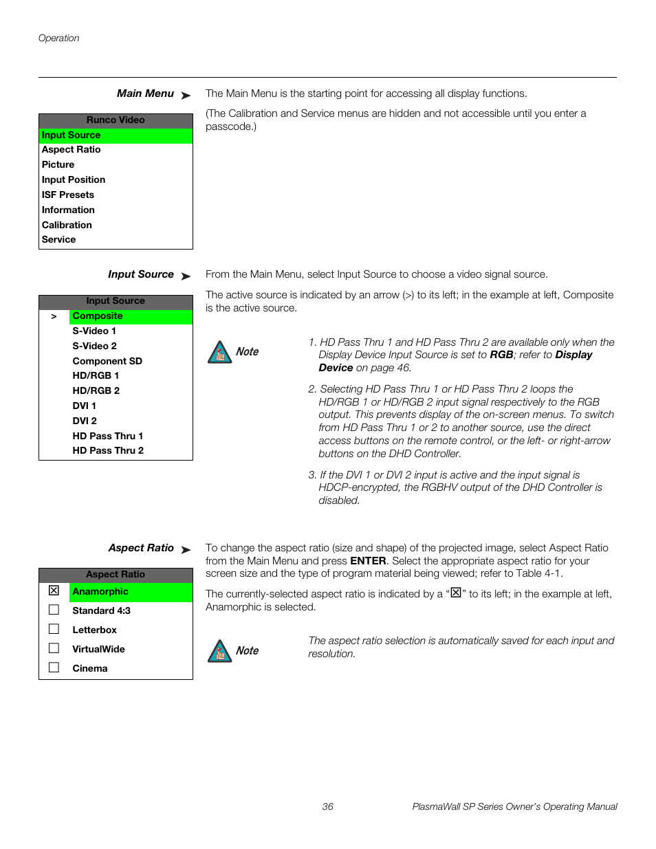 Main menu, Input source, Aspect ratio | Pre l iminar y | Runco PLASMAWALL SP-60DHD / SP-60DHDXA User Manual | Page 46 / 82