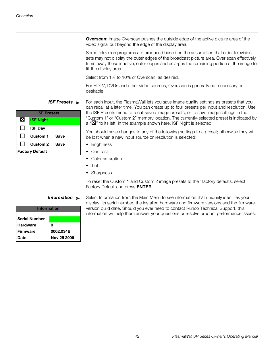 Overscan, Isf presets, Information | Pre l iminar y | Runco PLASMAWALL SP-60DHD / SP-60DHDXA User Manual | Page 52 / 82