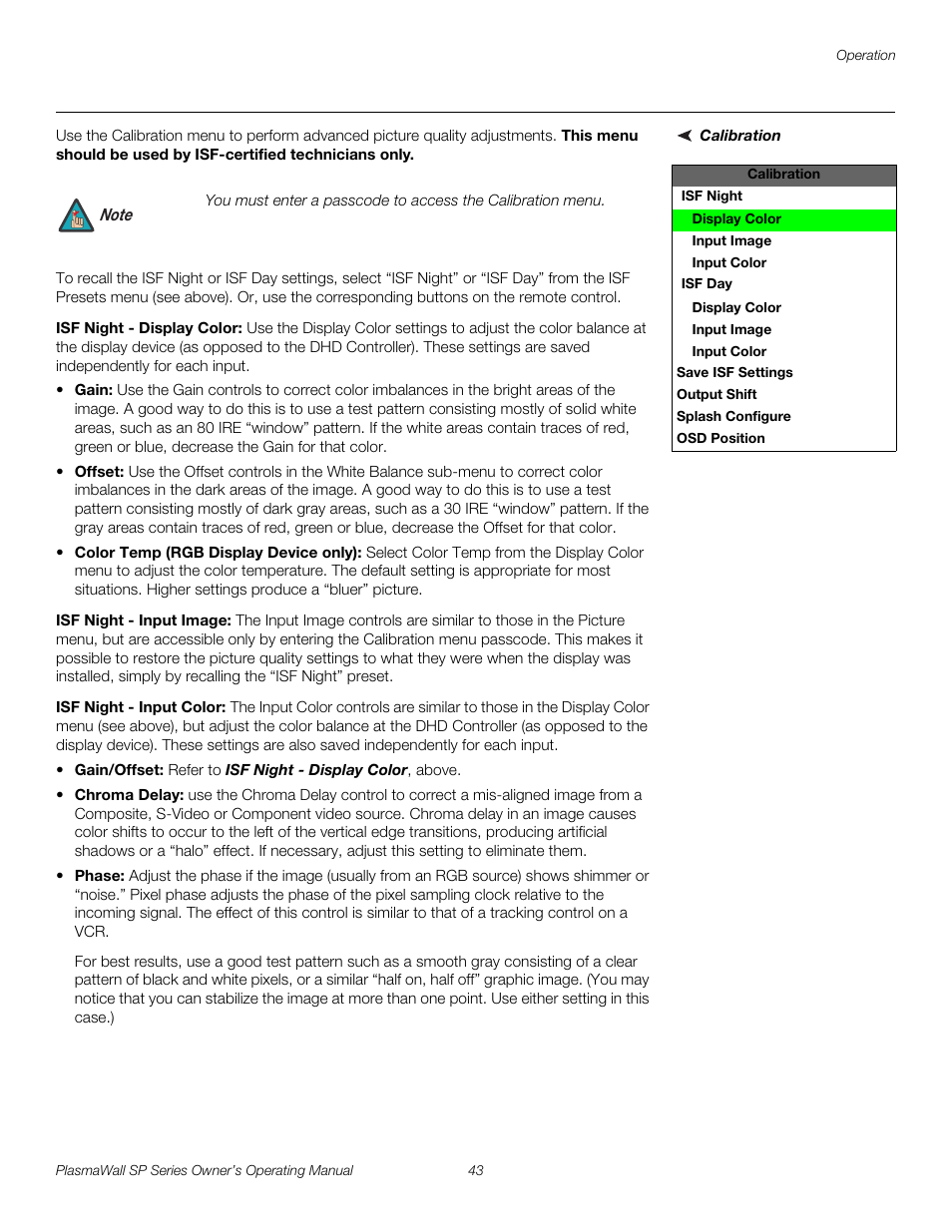 Calibration, Isf night - display color, Isf night - input image | Isf night - input color, Pre l iminar y | Runco PLASMAWALL SP-60DHD / SP-60DHDXA User Manual | Page 53 / 82