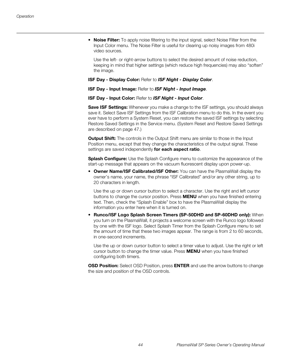 Isf day - display color, Isf day - input image, Isf day - input color | Save isf settings, Output shift, Splash configure, Osd position, H 44, Pre l iminar y | Runco PLASMAWALL SP-60DHD / SP-60DHDXA User Manual | Page 54 / 82