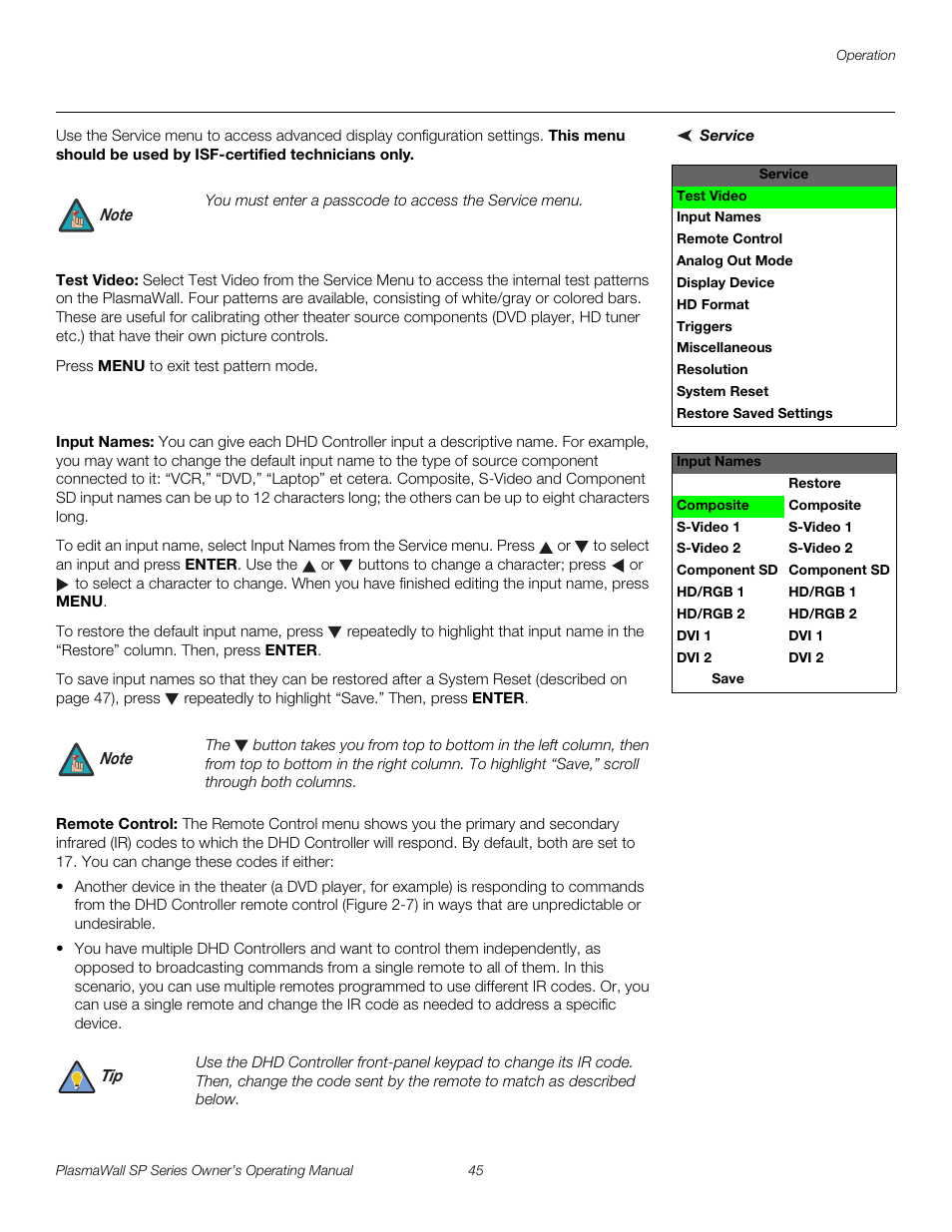 Service, Test video, Input names | Remote control, Iminar, Pre l iminar y | Runco PLASMAWALL SP-60DHD / SP-60DHDXA User Manual | Page 55 / 82