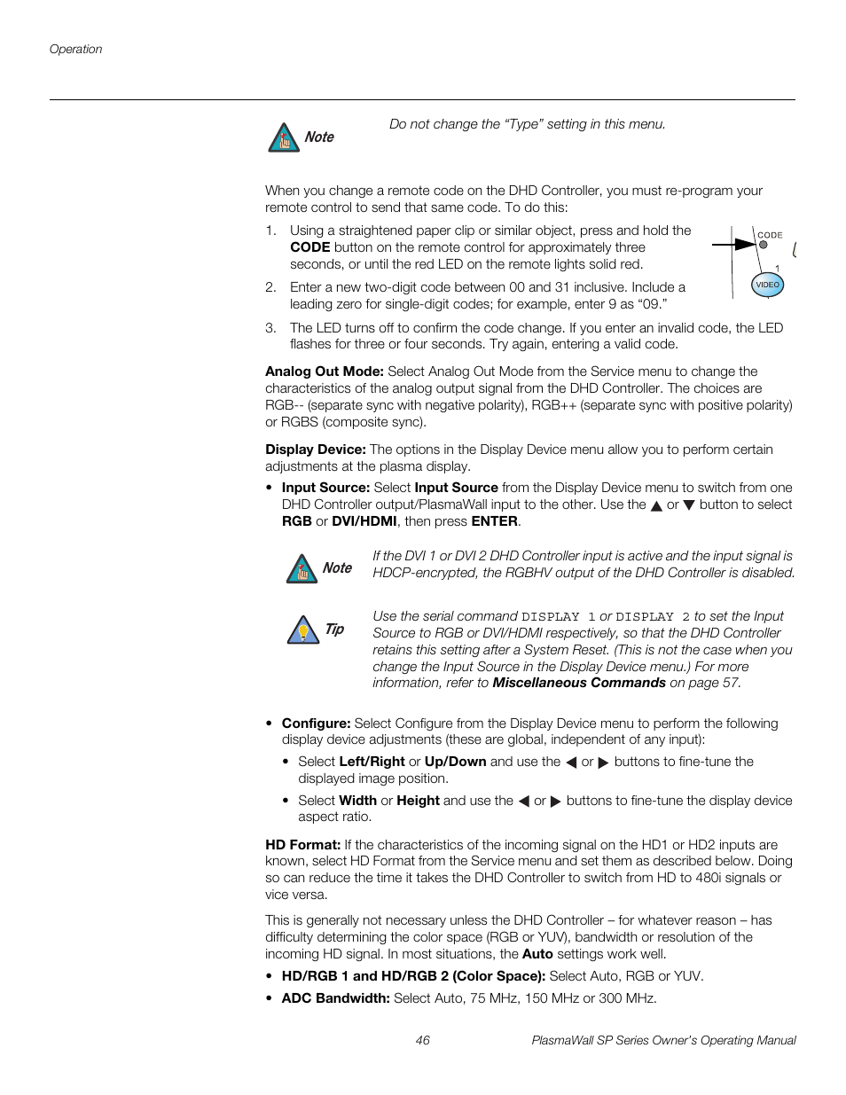 Analog out mode, Display device, Hd format | Pre l iminar y | Runco PLASMAWALL SP-60DHD / SP-60DHDXA User Manual | Page 56 / 82