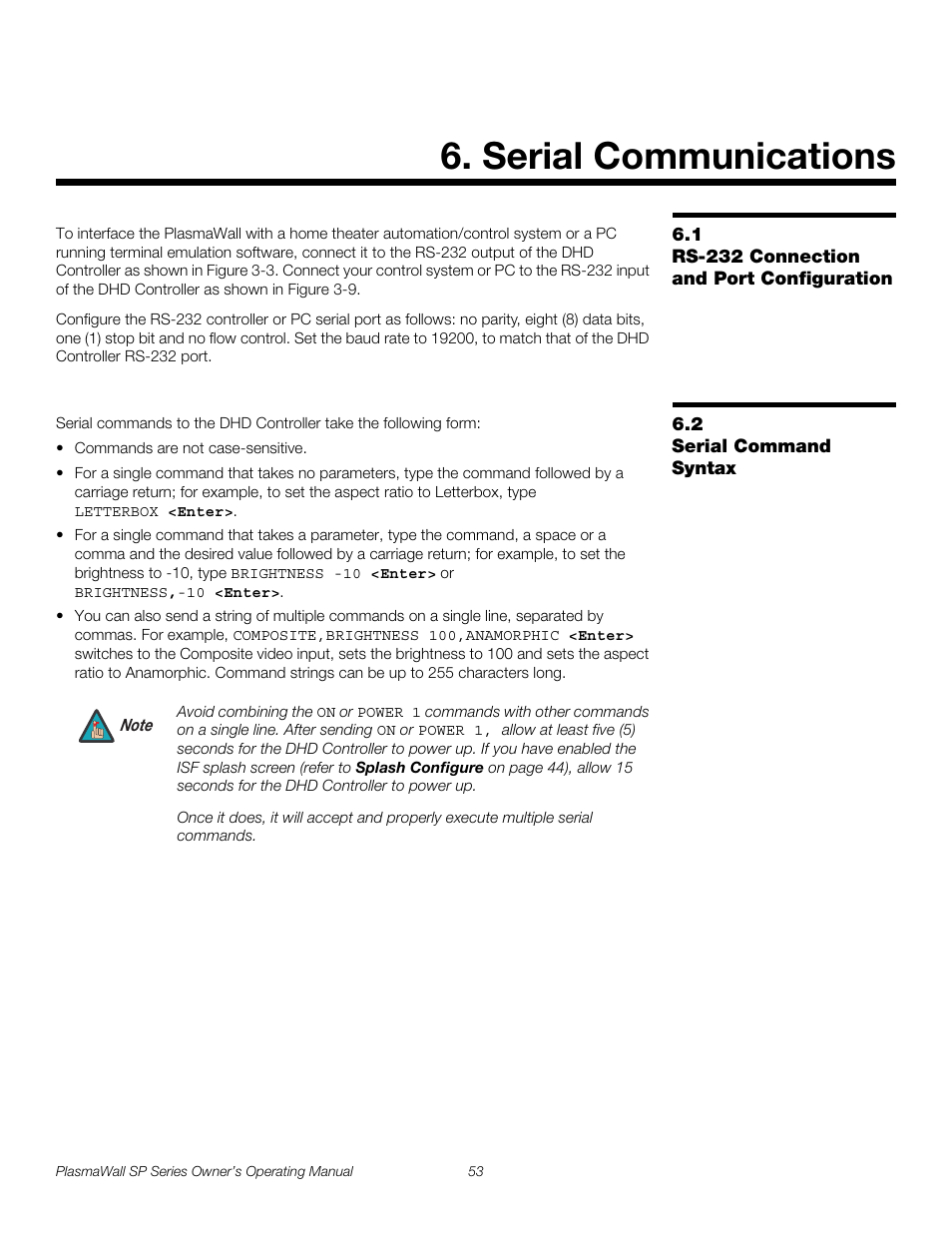 Serial communications, 1 rs-232 connection and port configuration, 2 serial command syntax | Rs-232 connection and port configuration, Serial command syntax, Pre l iminar y | Runco PLASMAWALL SP-60DHD / SP-60DHDXA User Manual | Page 63 / 82