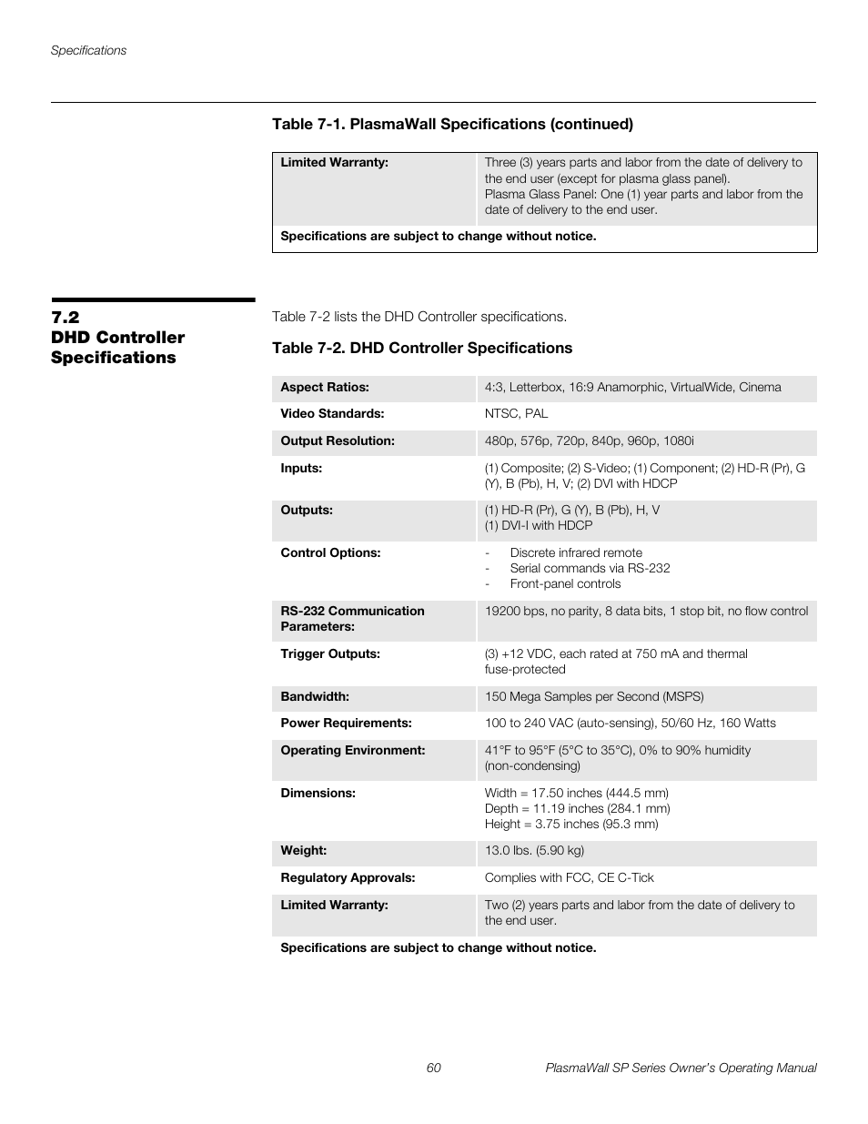 2 dhd controller specifications, Table 7-2 . dhd controller specifications, Dhd controller specifications | Table 7-2, Pre l iminar y | Runco PLASMAWALL SP-60DHD / SP-60DHDXA User Manual | Page 70 / 82