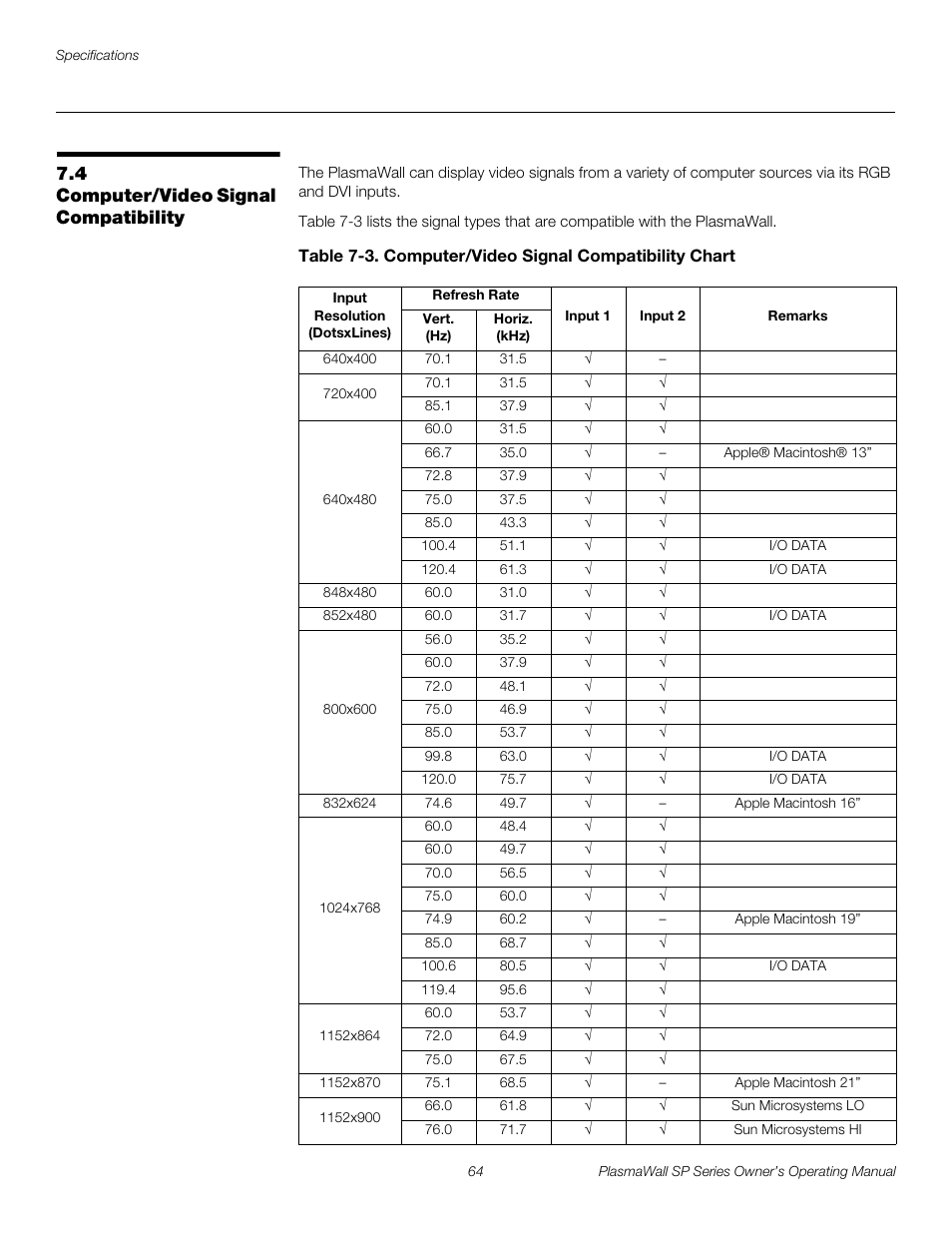 4 computer/video signal compatibility, Computer/video signal compatibility, Iminar | Table 7-3, Pre l iminar y | Runco PLASMAWALL SP-60DHD / SP-60DHDXA User Manual | Page 74 / 82