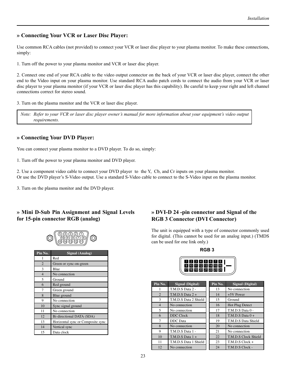 Connecting your vcr or laser disc player, Connecting your dvd player | Runco PL-50XA User Manual | Page 24 / 37