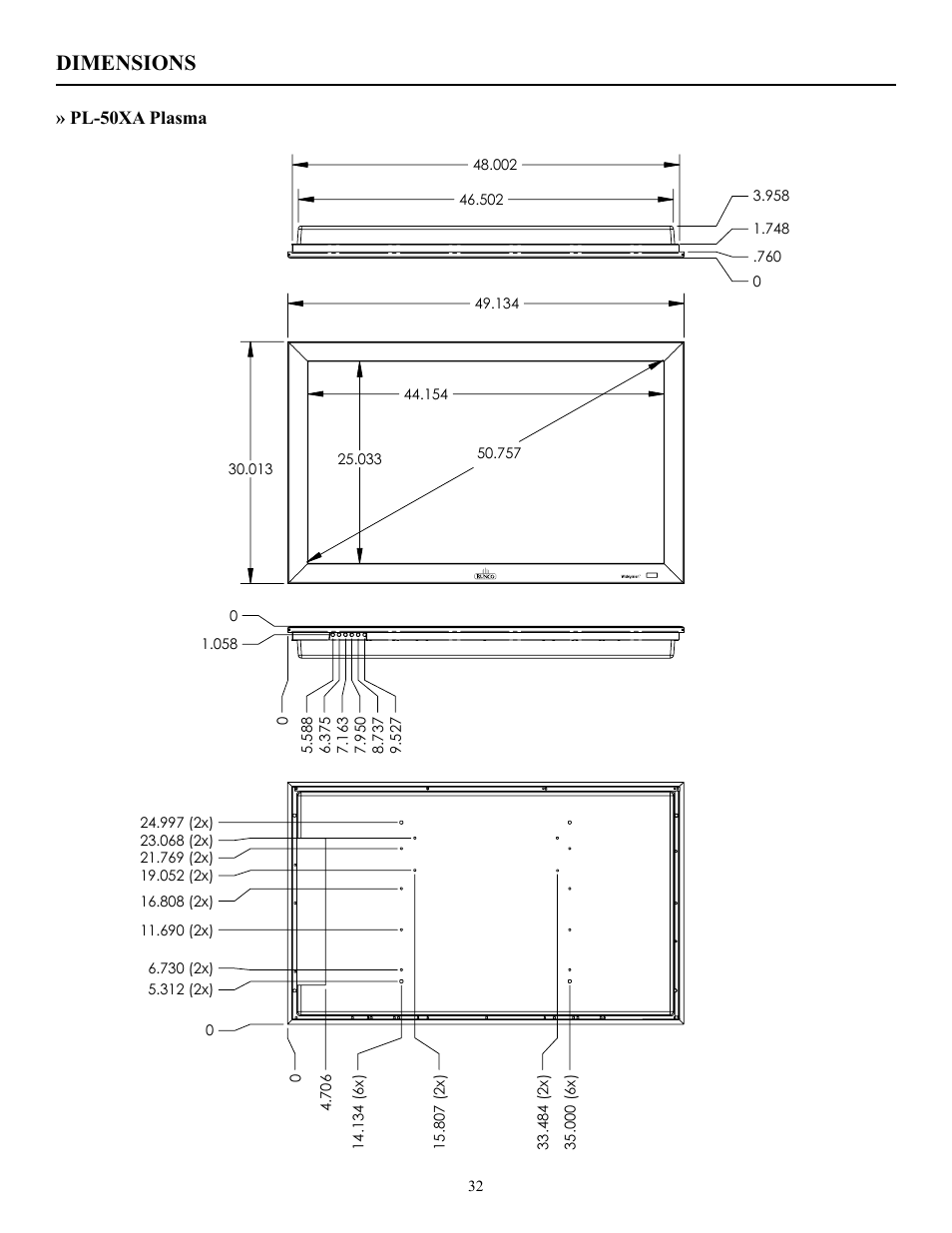 Dimensions, Pl-50xa plasma | Runco PL-50XA User Manual | Page 33 / 37
