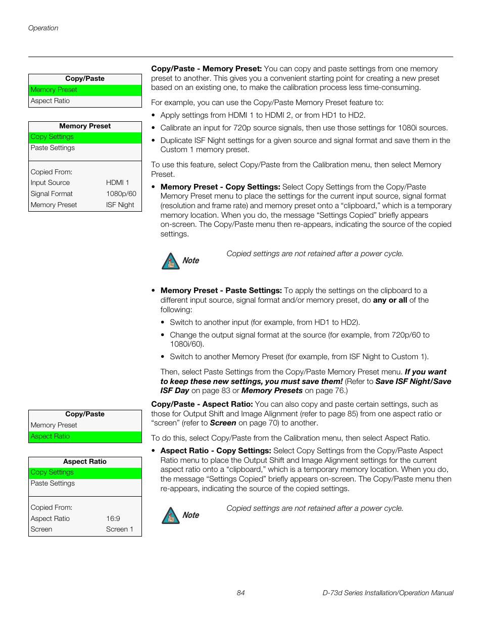 Copy/paste - memory preset, Copy/paste - aspect ratio, Pre l iminar y | Runco 3DIMENSION D-73D User Manual | Page 100 / 142