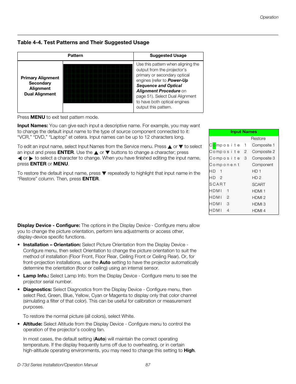 Input names, Display device - configure, Ct diagnostics | E diagnostics, Diagnostics, Pre l iminar y | Runco 3DIMENSION D-73D User Manual | Page 103 / 142