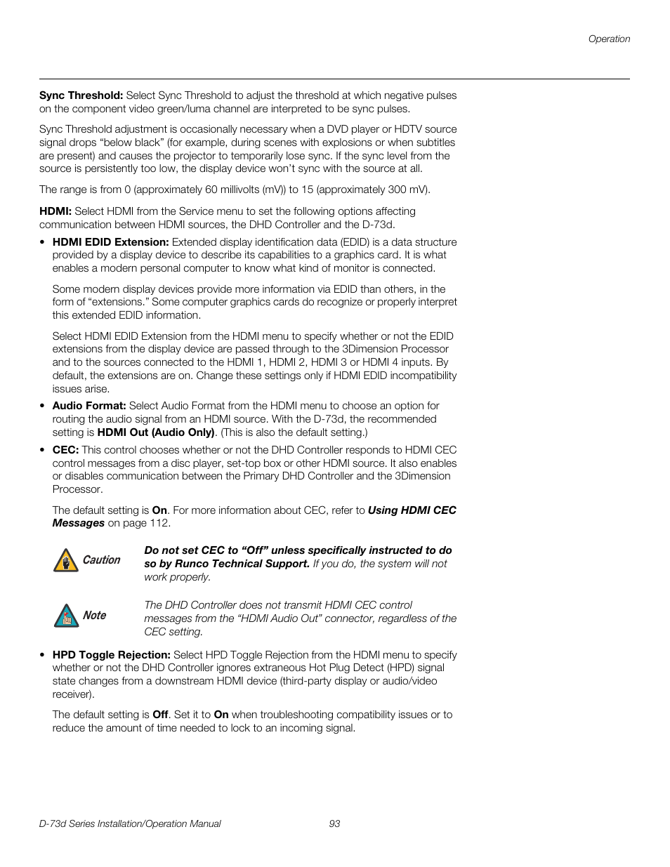 Sync threshold, Hdmi, Pre l iminar y | Runco 3DIMENSION D-73D User Manual | Page 109 / 142