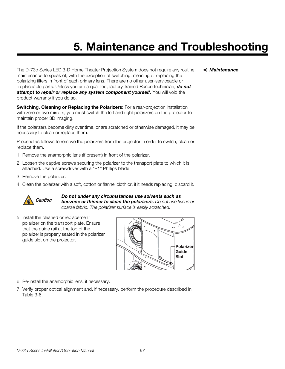 Maintenance and troubleshooting, Maintenance, Switching, cleaning or replacing the polarizers | Pre l iminar y | Runco 3DIMENSION D-73D User Manual | Page 113 / 142