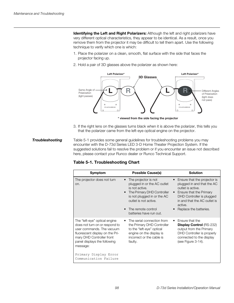 Identifying the left and right polarizers, Troubleshooting, Table 5-1 . troubleshooting chart | Pre l iminar y, Lr l r | Runco 3DIMENSION D-73D User Manual | Page 114 / 142