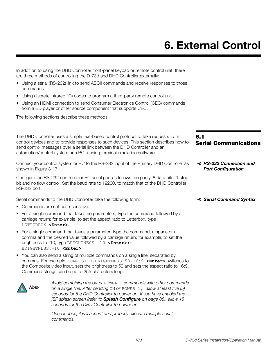 External control, 1 serial communications, Rs-232 connection and port configuration | Serial command syntax, Iminar, Serial communications, Pre l iminar y | Runco 3DIMENSION D-73D User Manual | Page 119 / 142