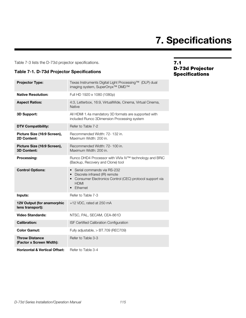 Specifications, 1 d-73d projector specifications, Table 7-1 . d-73d projector specifications | D-73d projector specifications, Pre l iminar y | Runco 3DIMENSION D-73D User Manual | Page 131 / 142