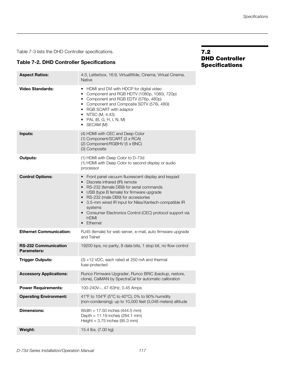 2 dhd controller specifications, Table 7-2 . dhd controller specifications, Dhd controller specifications | Table 7-2, Pre l iminar y | Runco 3DIMENSION D-73D User Manual | Page 133 / 142