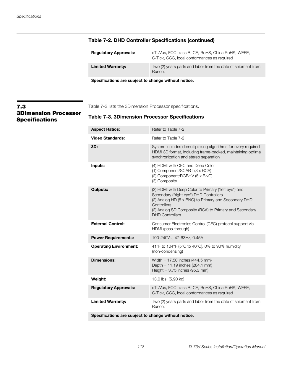 3 3dimension processor specifications, Table 7-3 . 3dimension processor specifications, 3dimension processor specifications | Table 7-3 lists, Table 7-3, Pre l iminar y | Runco 3DIMENSION D-73D User Manual | Page 134 / 142