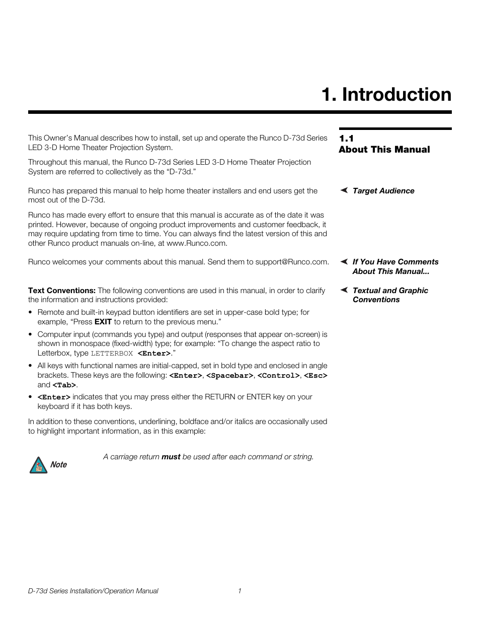 Introduction, 1 about this manual, Target audience | If you have comments about this manual, Textual and graphic conventions, Text conventions, About this manual, Pre l iminar y | Runco 3DIMENSION D-73D User Manual | Page 17 / 142