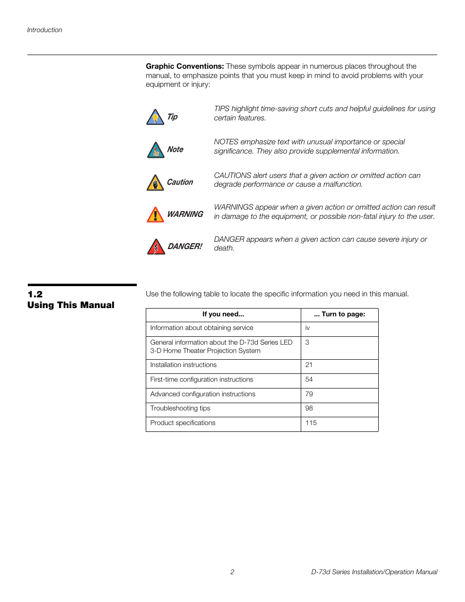 Graphic conventions, 2 using this manual, Using this manual | Pre l iminar y | Runco 3DIMENSION D-73D User Manual | Page 18 / 142