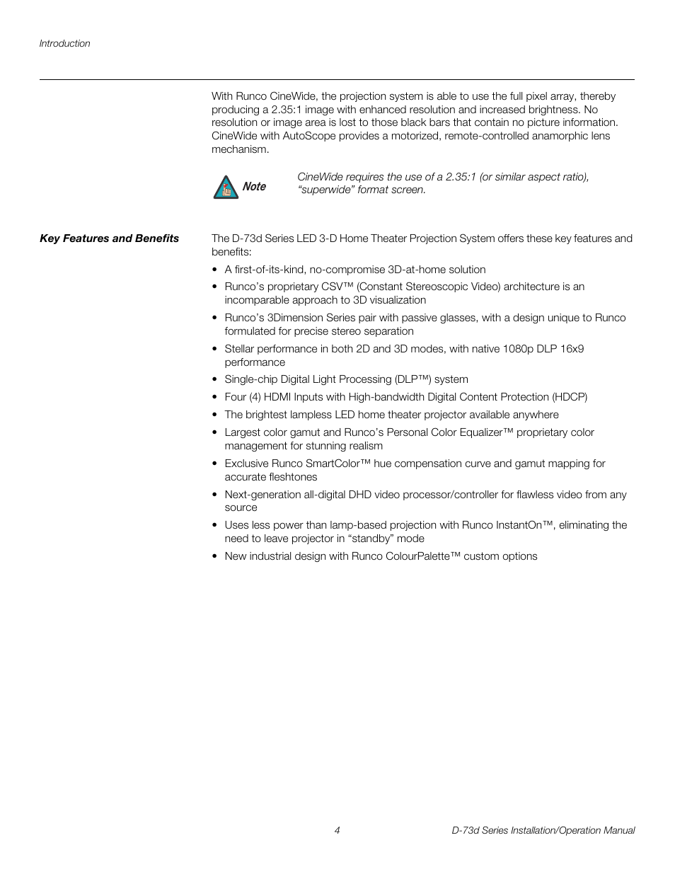 Key features and benefits, Pre l iminar y | Runco 3DIMENSION D-73D User Manual | Page 20 / 142