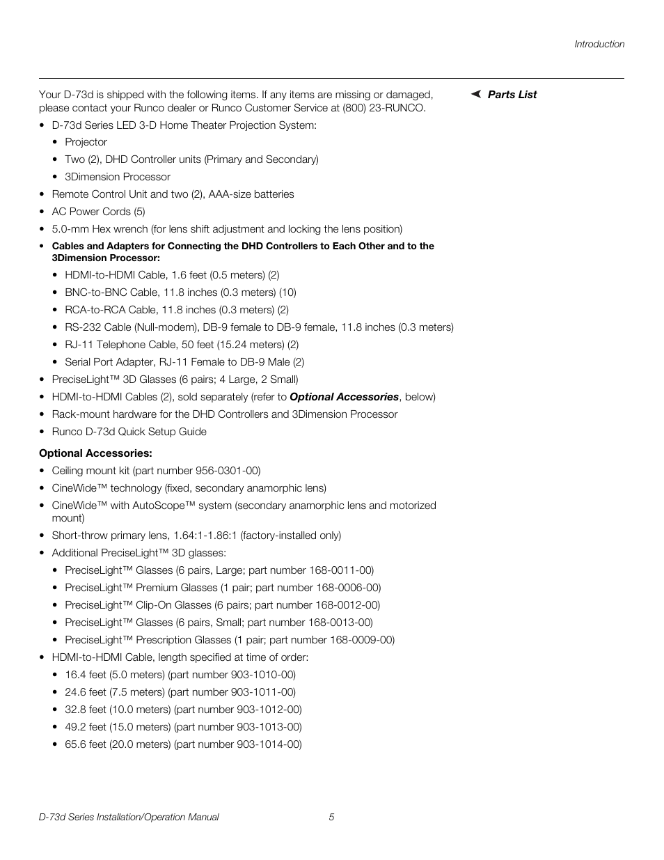 Parts list, Optional accessories, Pre l iminar y | Runco 3DIMENSION D-73D User Manual | Page 21 / 142