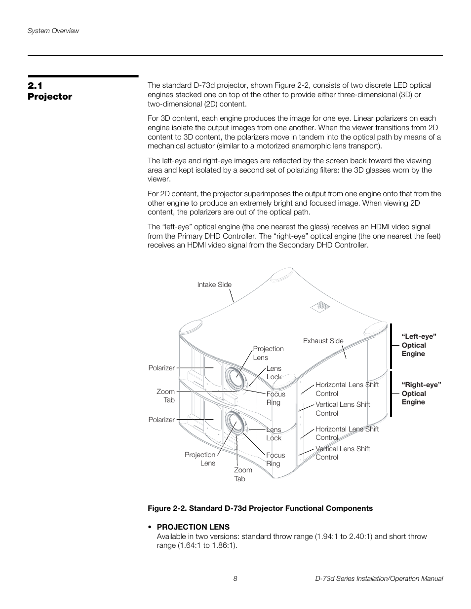 1 projector, Iminar, Projector | 2. standard d-73d projector functional components, Pre l iminar y | Runco 3DIMENSION D-73D User Manual | Page 24 / 142