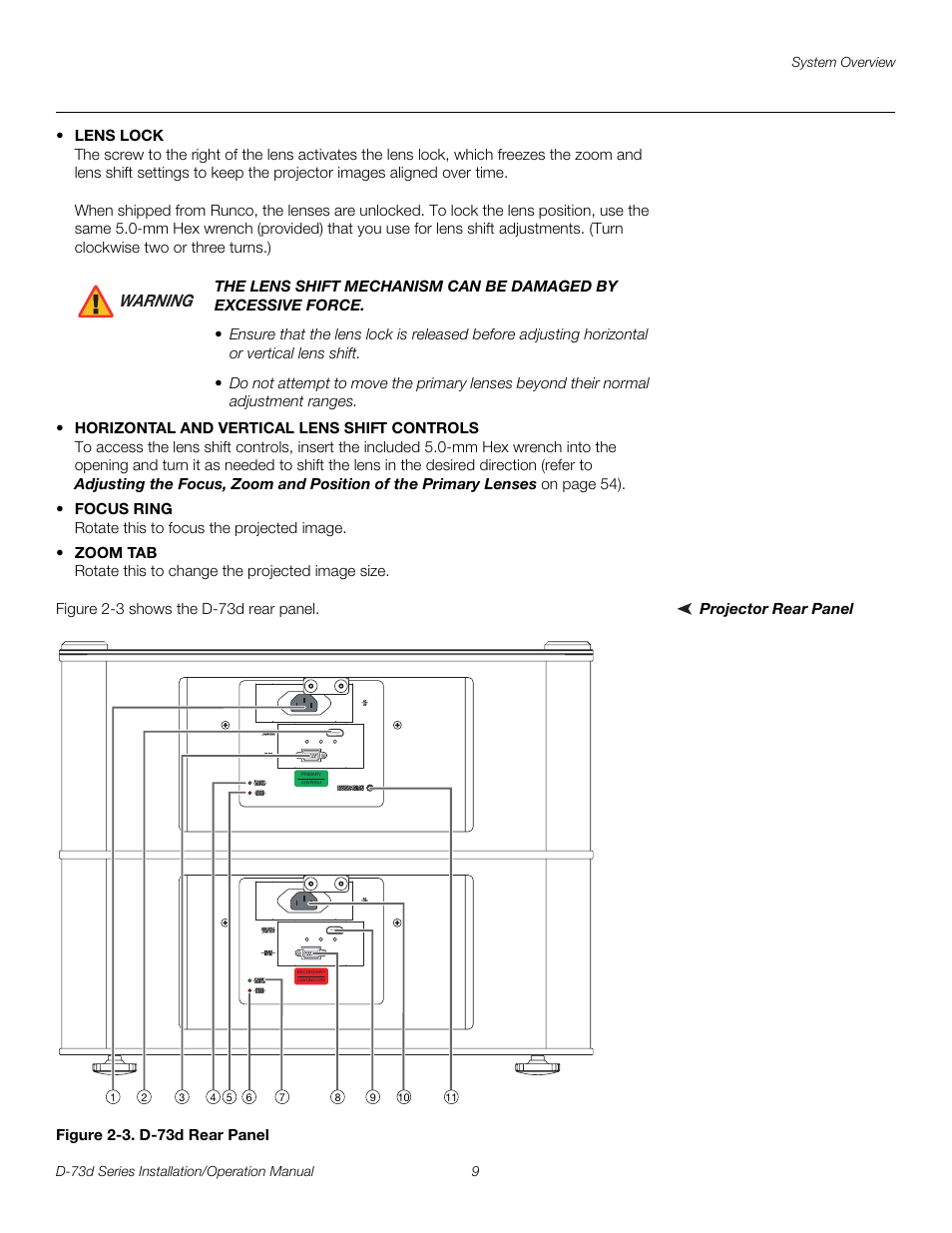 Projector rear panel, Figure 2-3 . d-73d rear panel, 3. d-73d rear panel | Pre l iminar y | Runco 3DIMENSION D-73D User Manual | Page 25 / 142