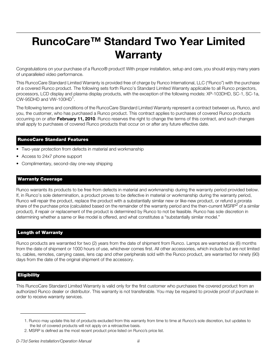 Runcocare™ standard two year limited warranty, Pre l iminar y | Runco 3DIMENSION D-73D User Manual | Page 3 / 142