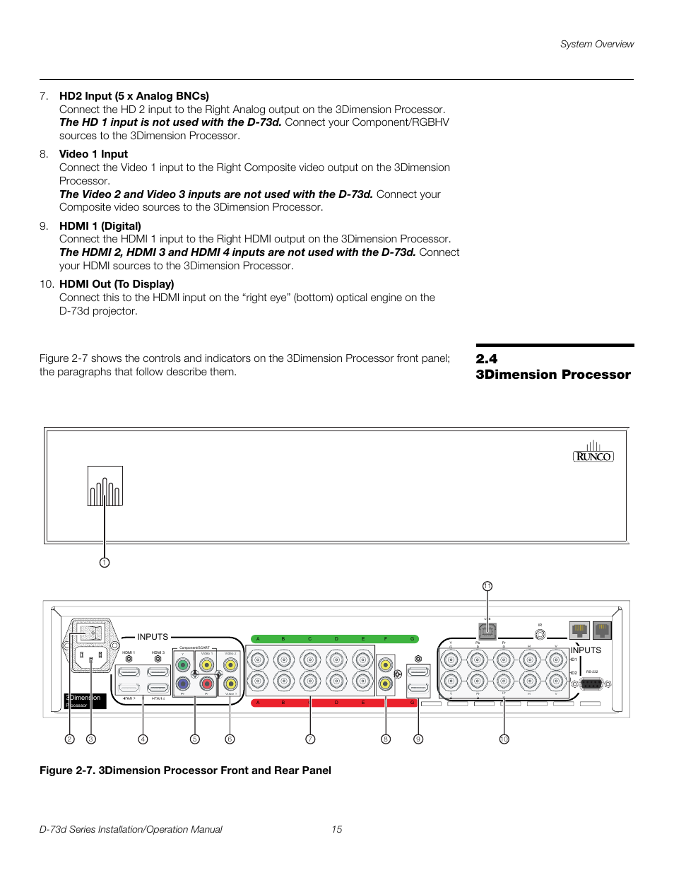 4 3dimension processor, 3dimension processor, 7. 3dimension processor front and rear panel | Pre l iminar y | Runco 3DIMENSION D-73D User Manual | Page 31 / 142