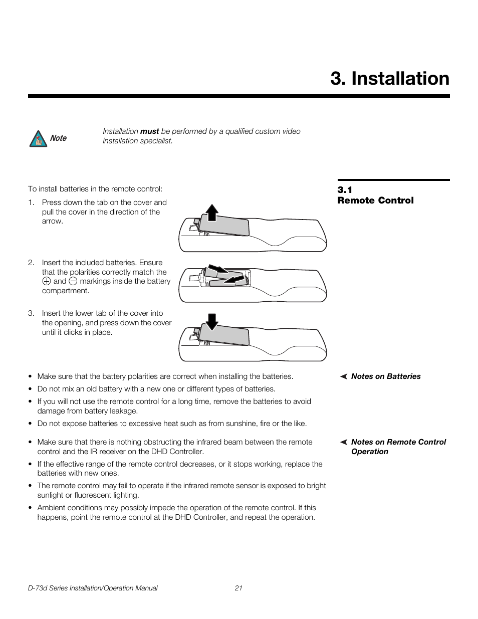 Installation, 1 remote control, Notes on batteries | Notes on remote control operation, Remote control, Pre l iminar y | Runco 3DIMENSION D-73D User Manual | Page 37 / 142