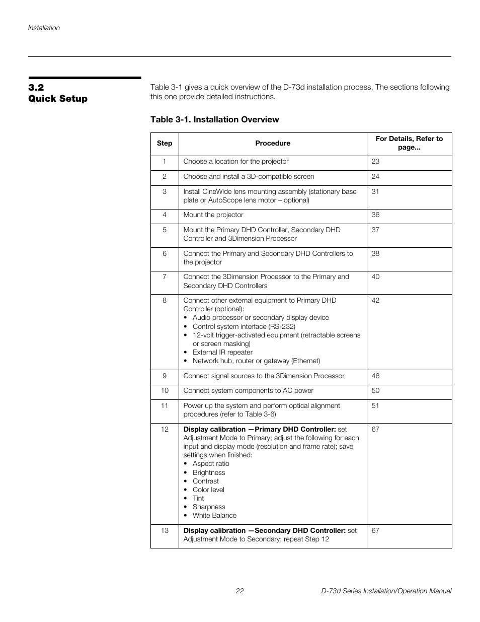 2 quick setup, Table 3-1 . installation overview, Quick setup | Pre l iminar y | Runco 3DIMENSION D-73D User Manual | Page 38 / 142