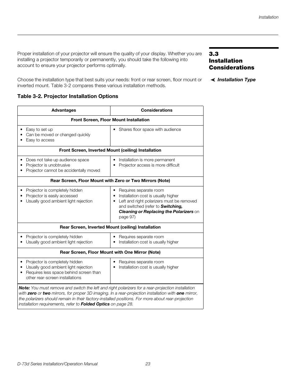 3 installation considerations, Installation type, Table 3-2 . projector installation options | Installation considerations, Pre l iminar y | Runco 3DIMENSION D-73D User Manual | Page 39 / 142