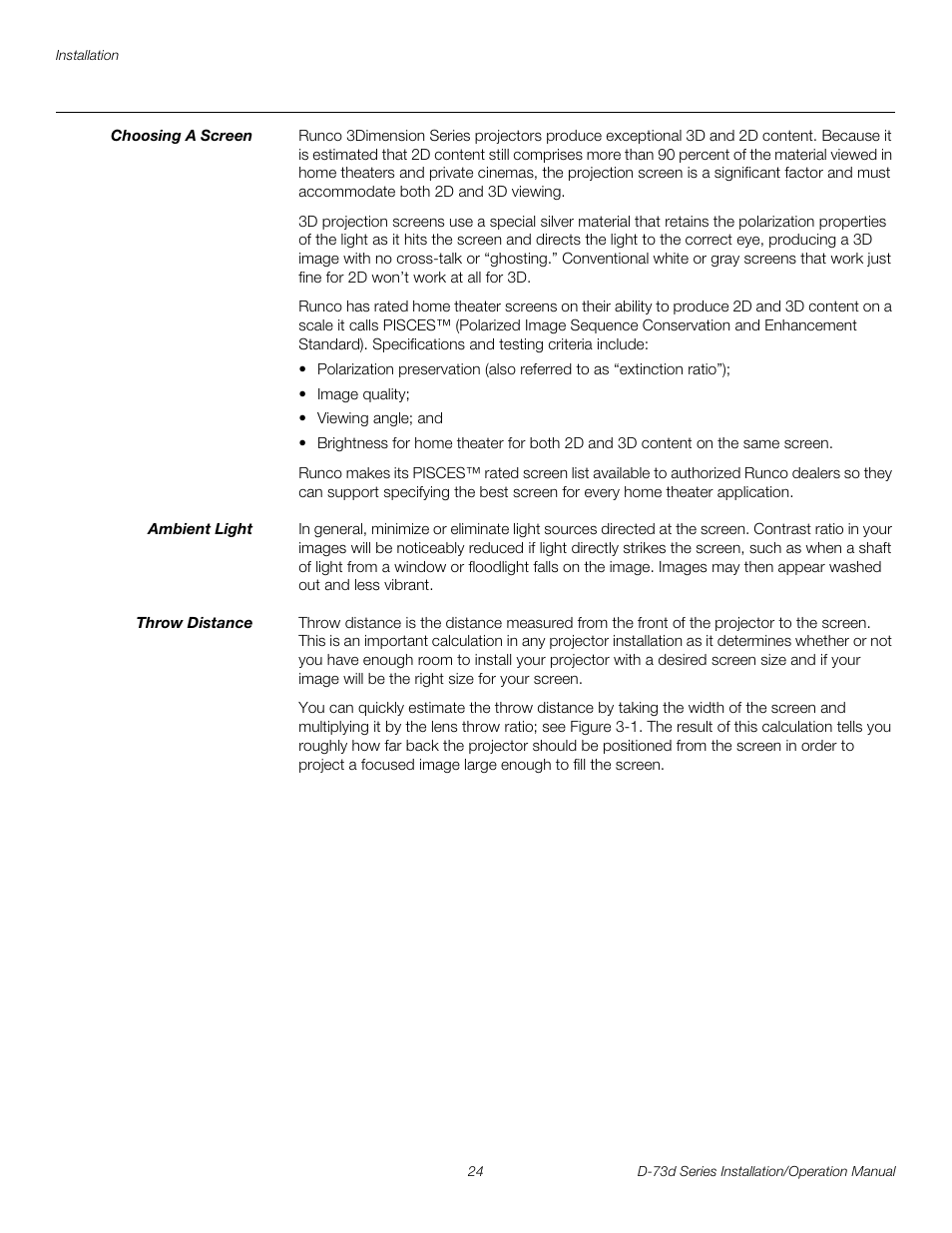 Choosing a screen, Ambient light, Throw distance | Pre l iminar y | Runco 3DIMENSION D-73D User Manual | Page 40 / 142