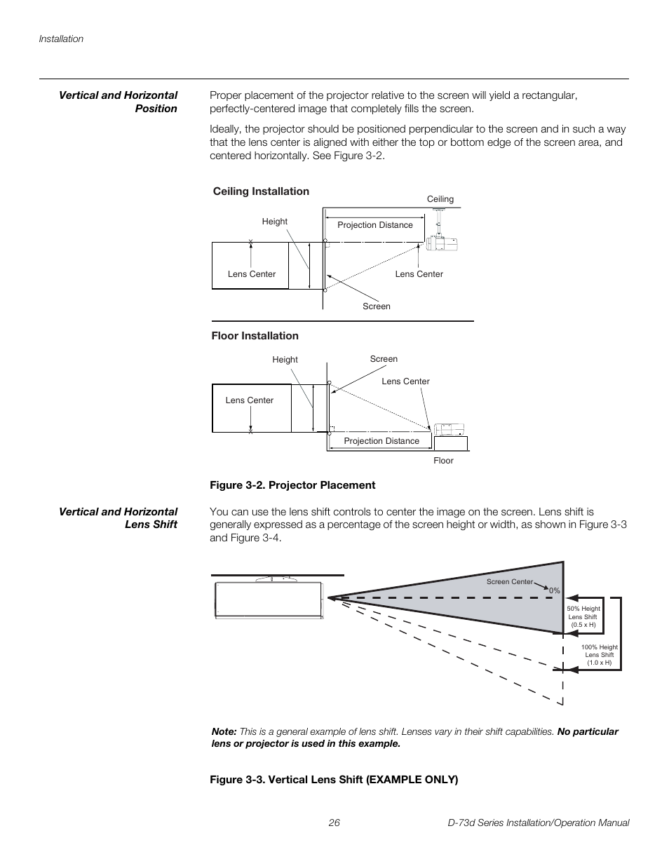 Vertical and horizontal position, Figure 3-2 . projector placement, Vertical and horizontal lens shift | Figure 3-3 . vertical lens shift (example only), 2. projector placement, 3. vertical lens shift (example only), Pre l iminar y | Runco 3DIMENSION D-73D User Manual | Page 42 / 142