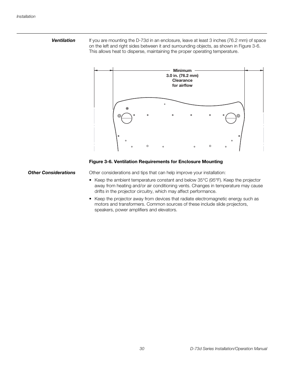 Ventilation, Other considerations, 6. ventilation requirements for enclosure mounting | Pre l iminar y | Runco 3DIMENSION D-73D User Manual | Page 46 / 142