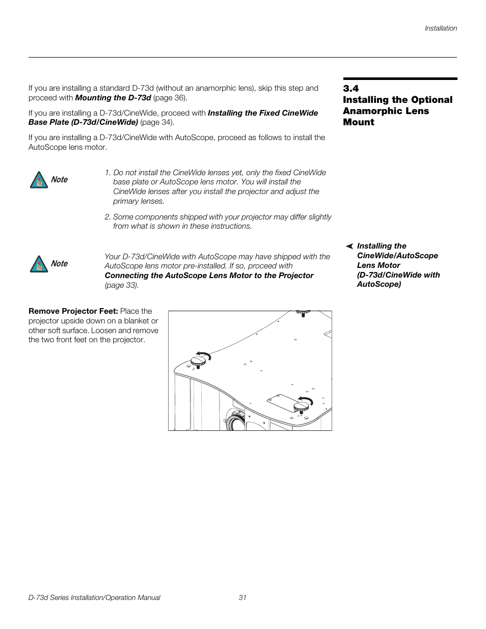 4 installing the optional anamorphic lens mount, Remove projector feet, Installing the optional anamorphic lens mount | Pre l iminar y | Runco 3DIMENSION D-73D User Manual | Page 47 / 142