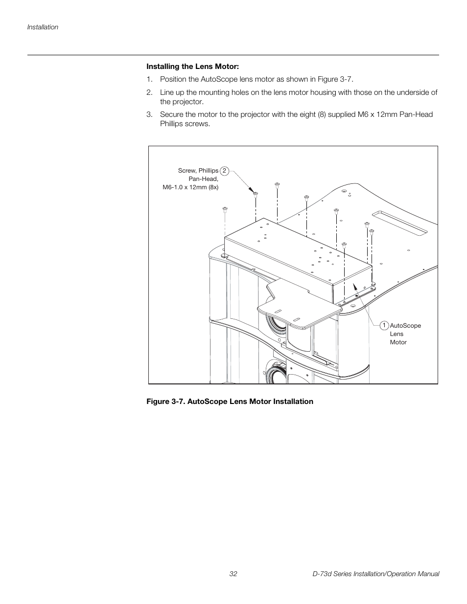 Installing the lens motor, Figure 3-7 . autoscope lens motor installation, 7. autoscope lens motor installation | Pre l iminar y | Runco 3DIMENSION D-73D User Manual | Page 48 / 142