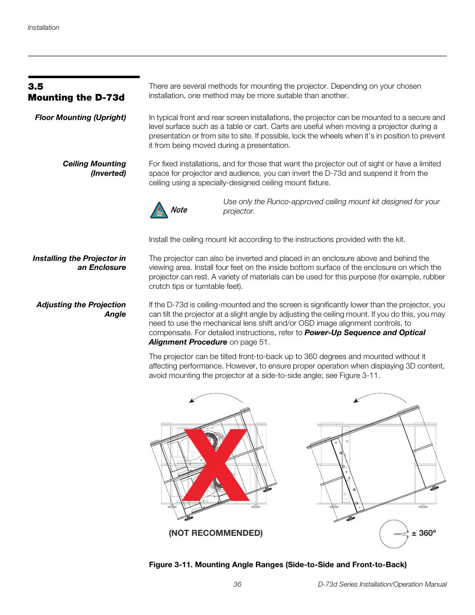 5 mounting the d-73d, Floor mounting (upright), Ceiling mounting (inverted) | Installing the projector in an enclosure, Adjusting the projection angle, Mounting the d-73d, Pre l iminar y | Runco 3DIMENSION D-73D User Manual | Page 52 / 142