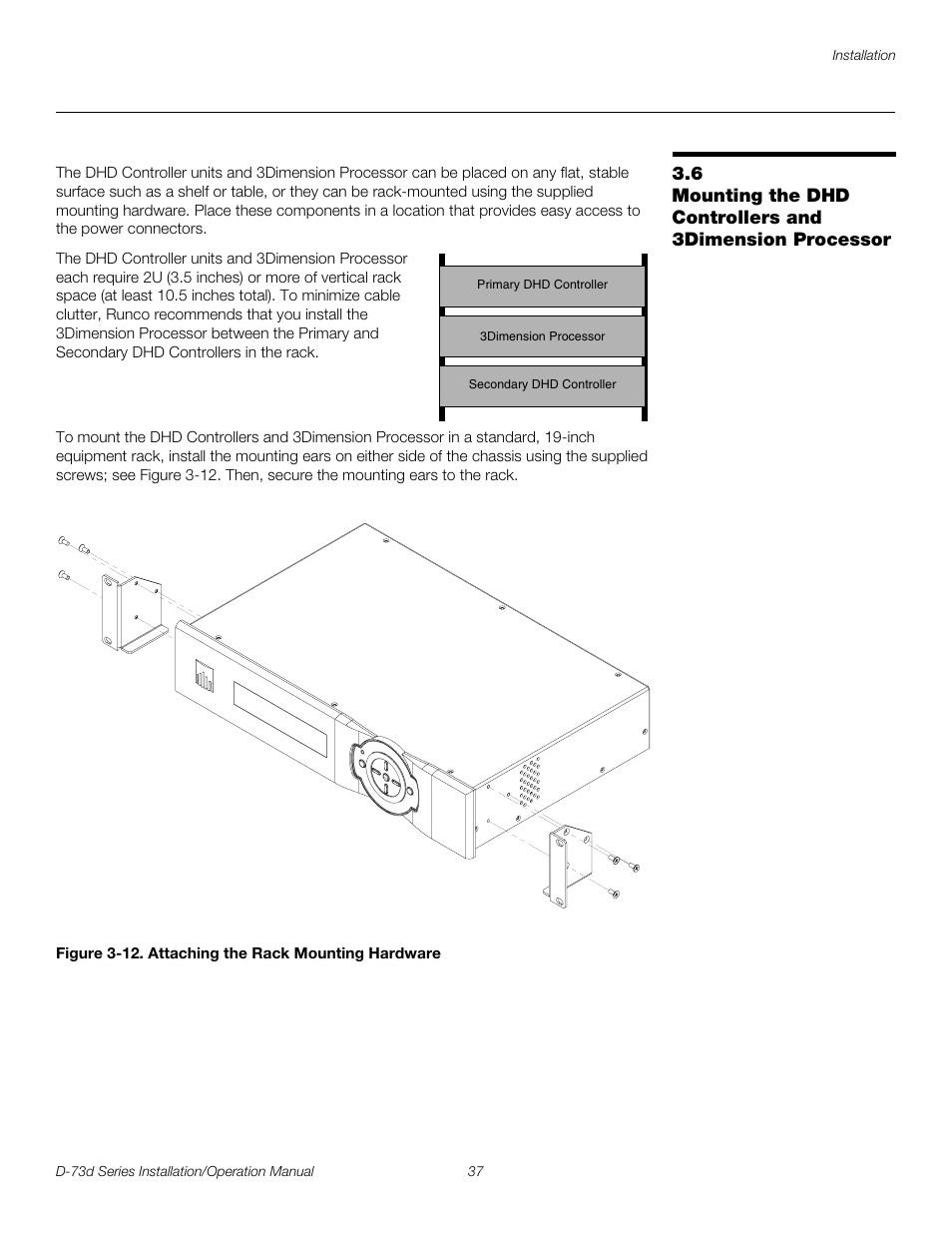 Figure 3-12 . attaching the rack mounting hardware, 12. attaching the rack mounting hardware, Pre l iminar y | Runco 3DIMENSION D-73D User Manual | Page 53 / 142