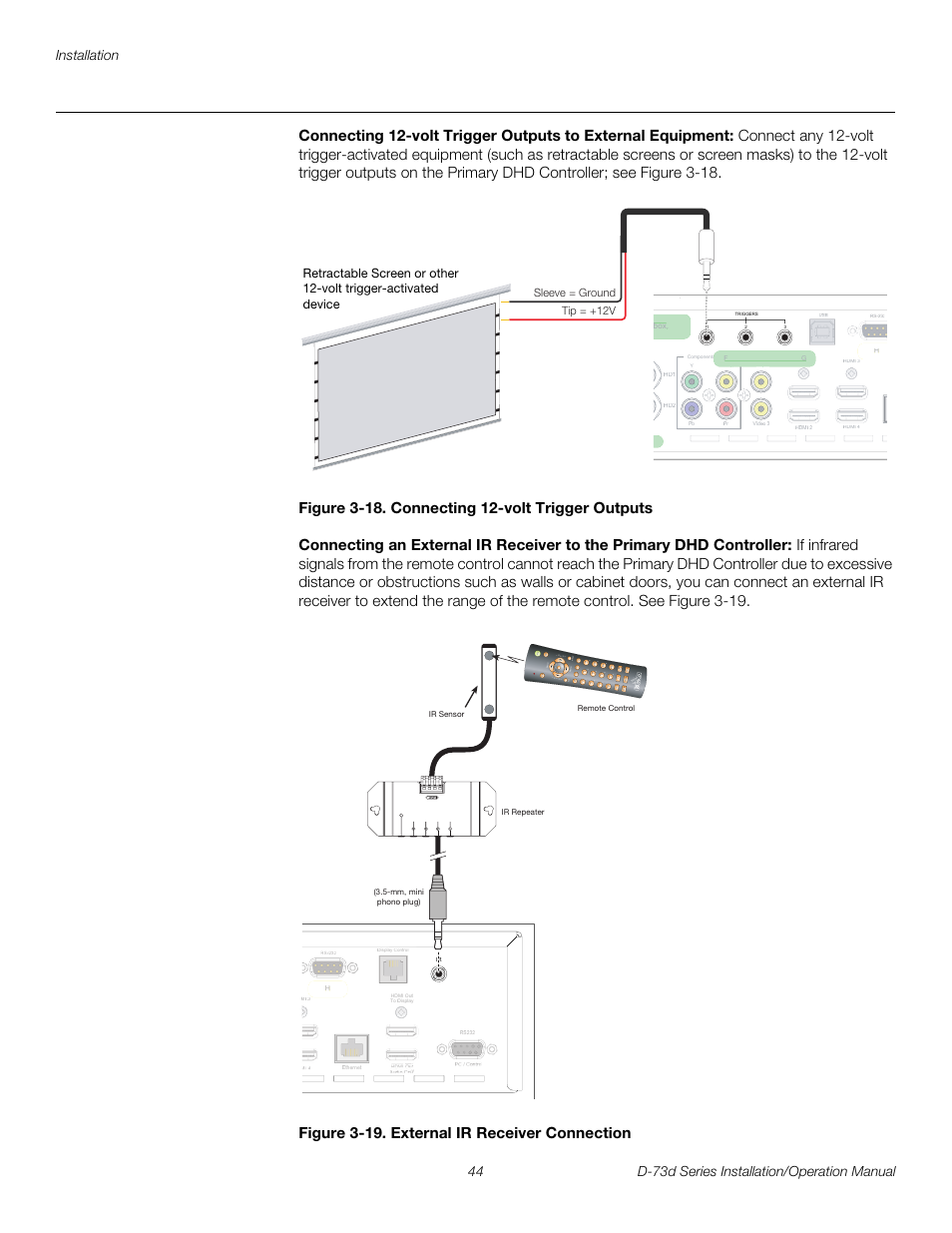Figure 3-18 . connecting 12-volt trigger outputs, Figure 3-19 . external ir receiver connection, 18. connecting 12-volt trigger outputs | 19. external ir receiver connection, Pre l iminar y | Runco 3DIMENSION D-73D User Manual | Page 60 / 142