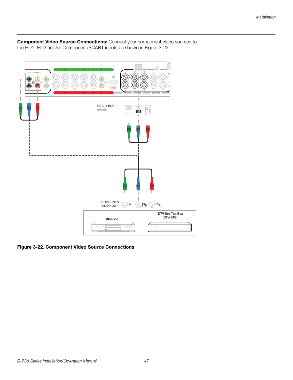 Component video source connections, Figure 3-22 . component video source connections, 22. component video source connections | Pre l iminar y | Runco 3DIMENSION D-73D User Manual | Page 63 / 142