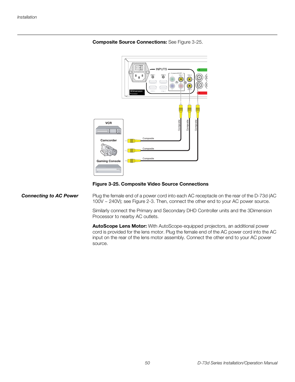 Composite source connections, Figure 3-25 . composite video source connections, Connecting to ac power | Autoscope lens motor, 25. composite video source connections, Pre l iminar y | Runco 3DIMENSION D-73D User Manual | Page 66 / 142