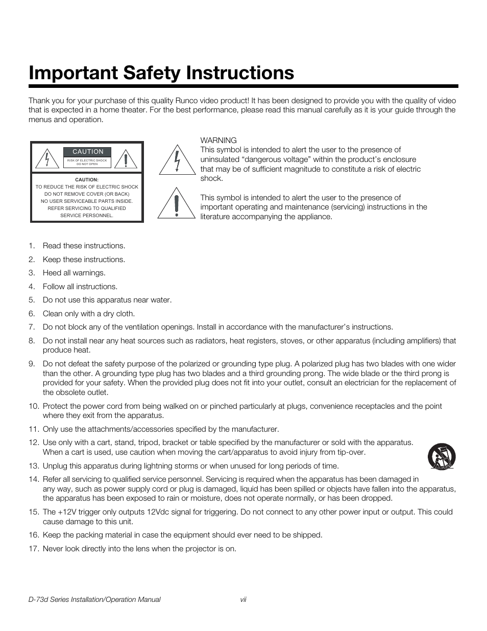 Important safety instructions, Pre l iminar y | Runco 3DIMENSION D-73D User Manual | Page 7 / 142