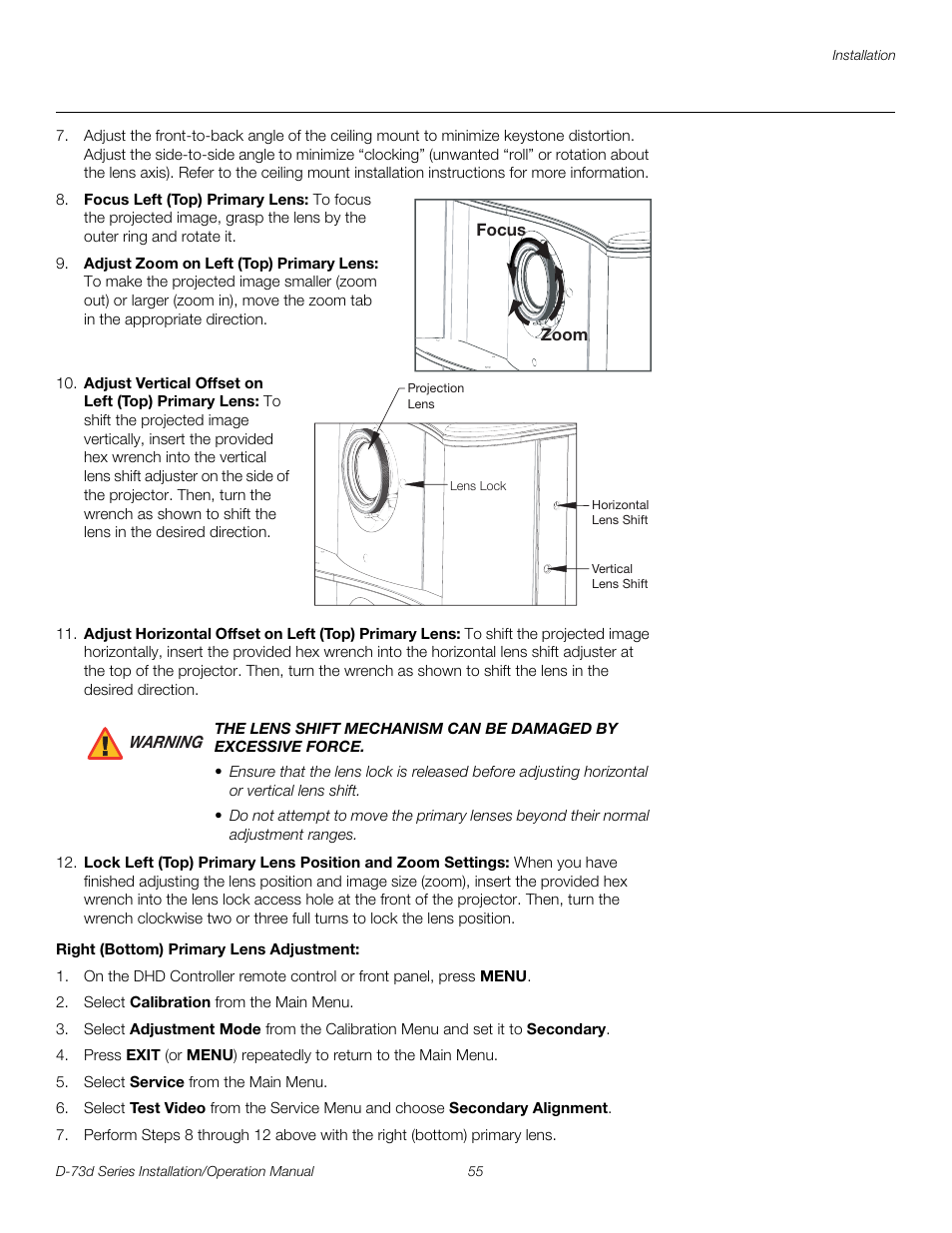 Right (bottom) primary lens adjustment, Pre l iminar y | Runco 3DIMENSION D-73D User Manual | Page 71 / 142